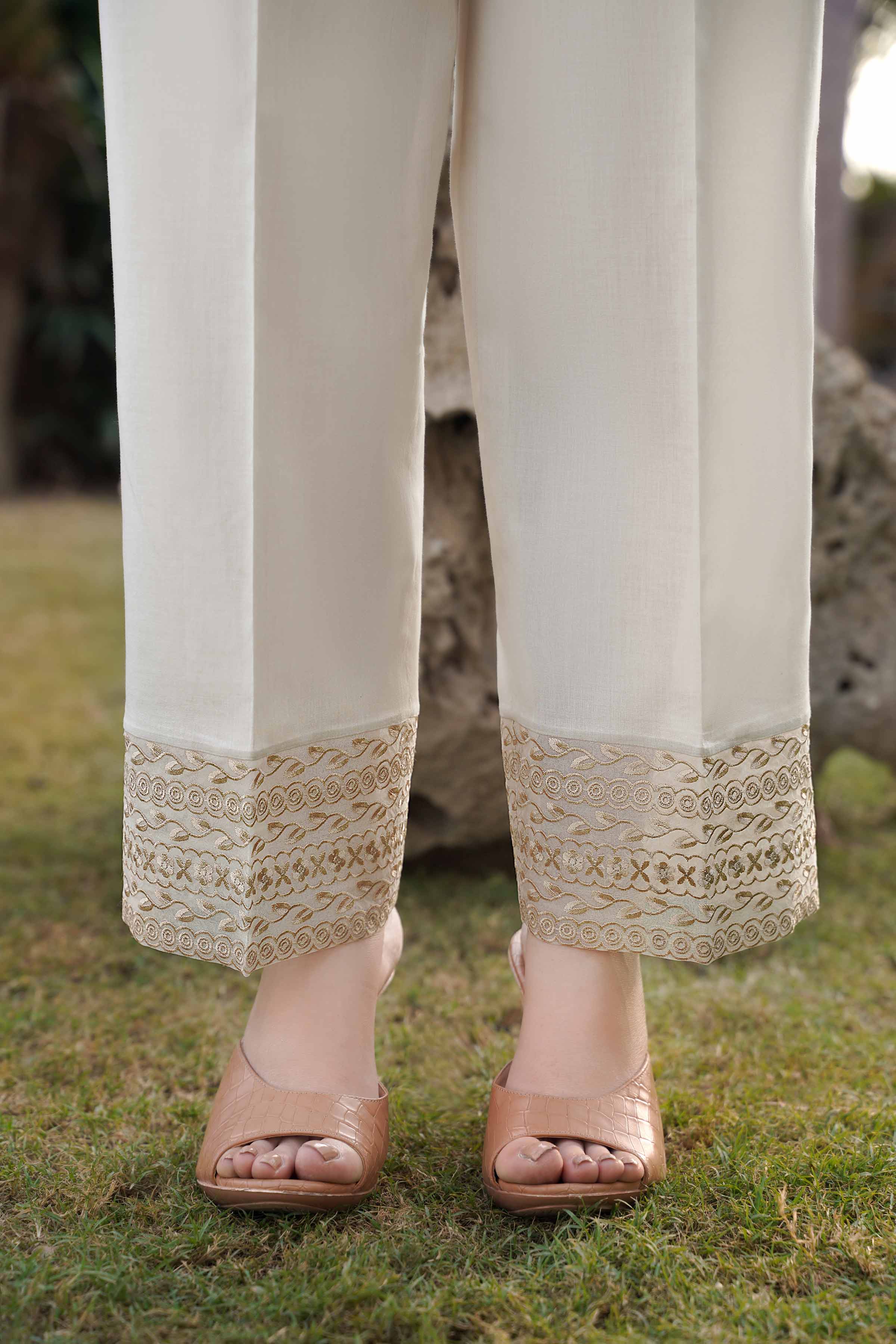 Elegant Trousers Design with Delicate Lace and Pintucks