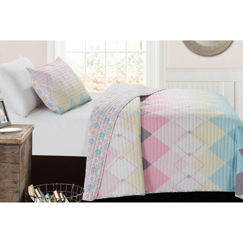 ELIE REVERSIBLE QUILT SET WITH PINK/TURQUOISE ELEPHANT STRIPED