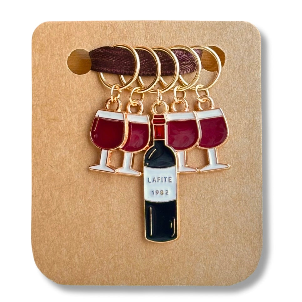 Stitch Markers: Wine Collection with Wine Bottle and Wine Glasses (set of 5 markers)