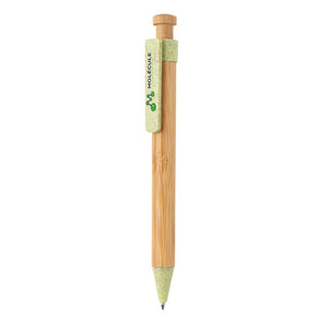 Promotivna eko kemijska olovka od bambusa s klipsom od pšenične slame, zelene boje, s tiskom loga