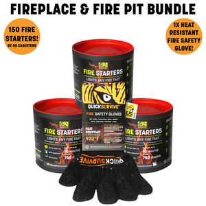 QuickSurvive Fireplace And Fire Pit Bundle - Three 50 Canisters of the Best Waterproof FireStarters For Fireplaces and Camping - 100% Weather and Waterproof Food Safe 100 Fire Starters - One Heat Resistant Fire Safety Grill Glove For all your grilling baking BBQ and hot cooking