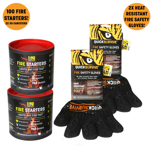 QuickSurvive Grill Master Bundle - Two 50 Canisters of the Best FireStarters For Fireplaces and Camping - 100% Weather and Waterproof Food Safe 100 Fire Starters - Two Heat Resistant Fire Safety Grill Gloves For all your grilling baking BBQ and hot cooking needs