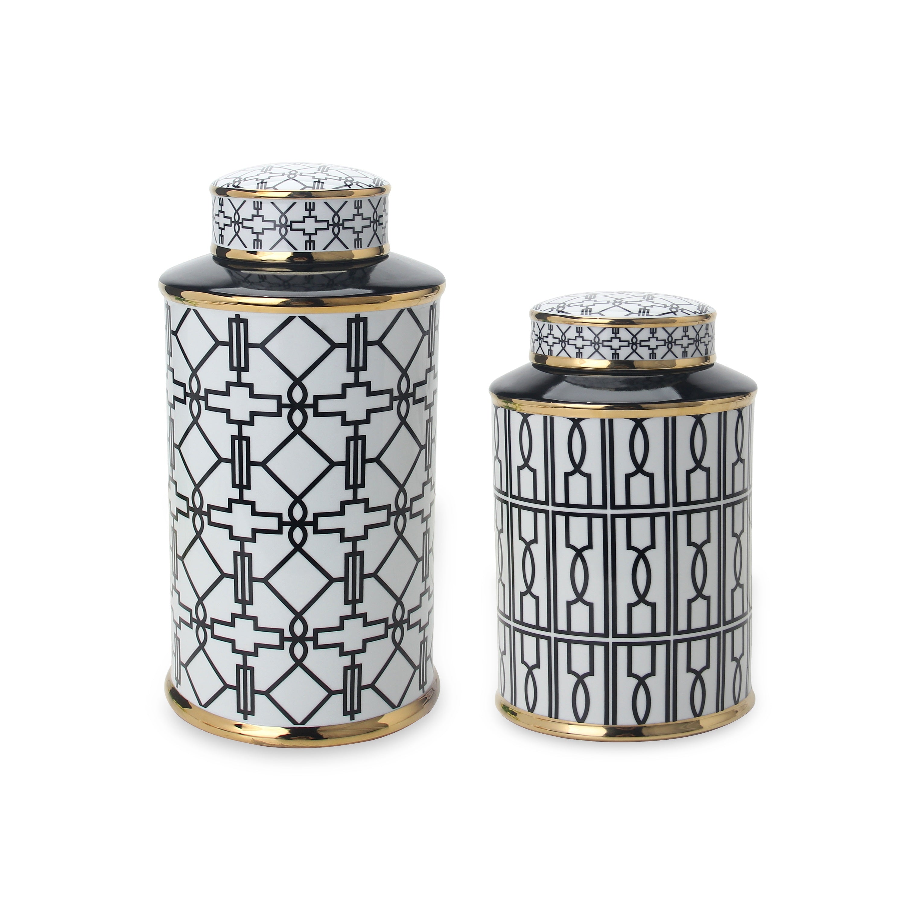 Elegant White Ceramic Ginger Jar with Black Geometrical Design and Removable Lid