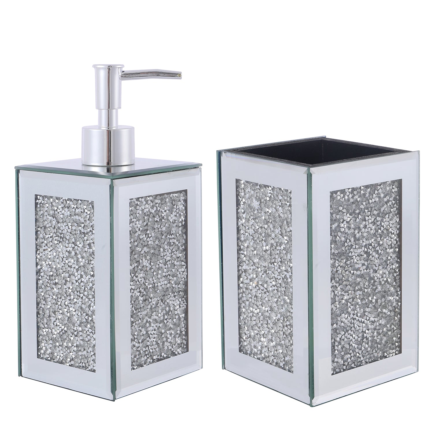 Silver Crushed Diamond Soap Dispenser and Toothbrush Holder with Tray —  Mirodemi