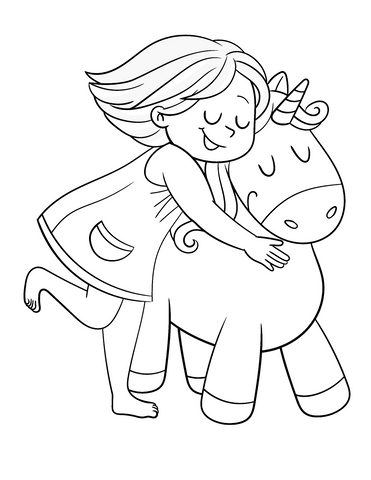 Coloriage licorne qui fait un calin à une petite fille