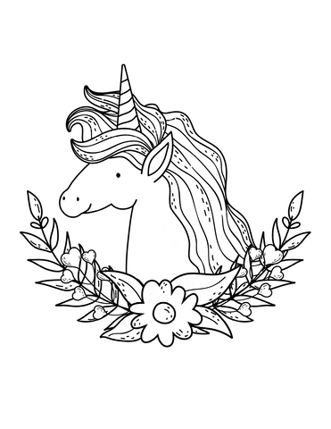 Coloriage licorne arc en ciel souriante et fleurie 