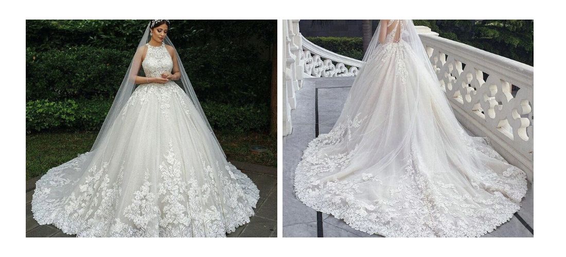 Prinzessinnen-Hochzeitskleid mit langer Schleppe aus Spitze
