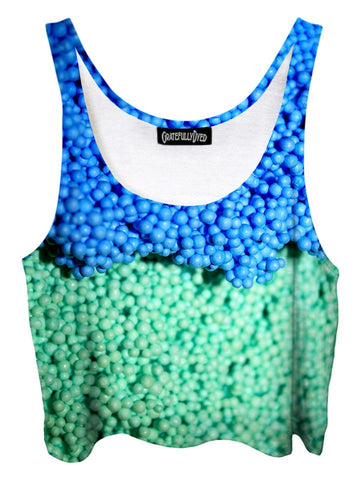 Trippy front view of GratefullyDyed Apparel blue & green dippin dots crop top.