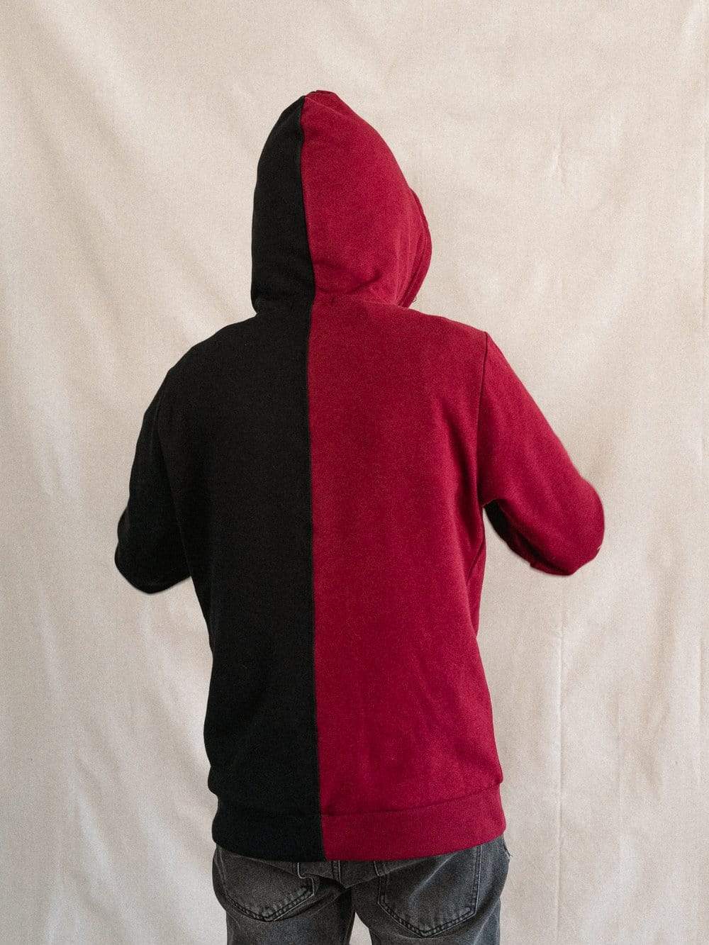 red and black split hoodie