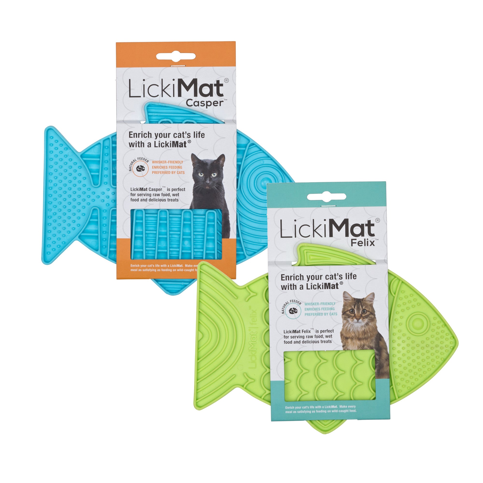 Lickimat Casper & Felix Fish-Shaped Cat Slow Feeders Lick Mat, Turquoise &  Green, Reduces Anxiety, Boredom, and Destructive Behavior