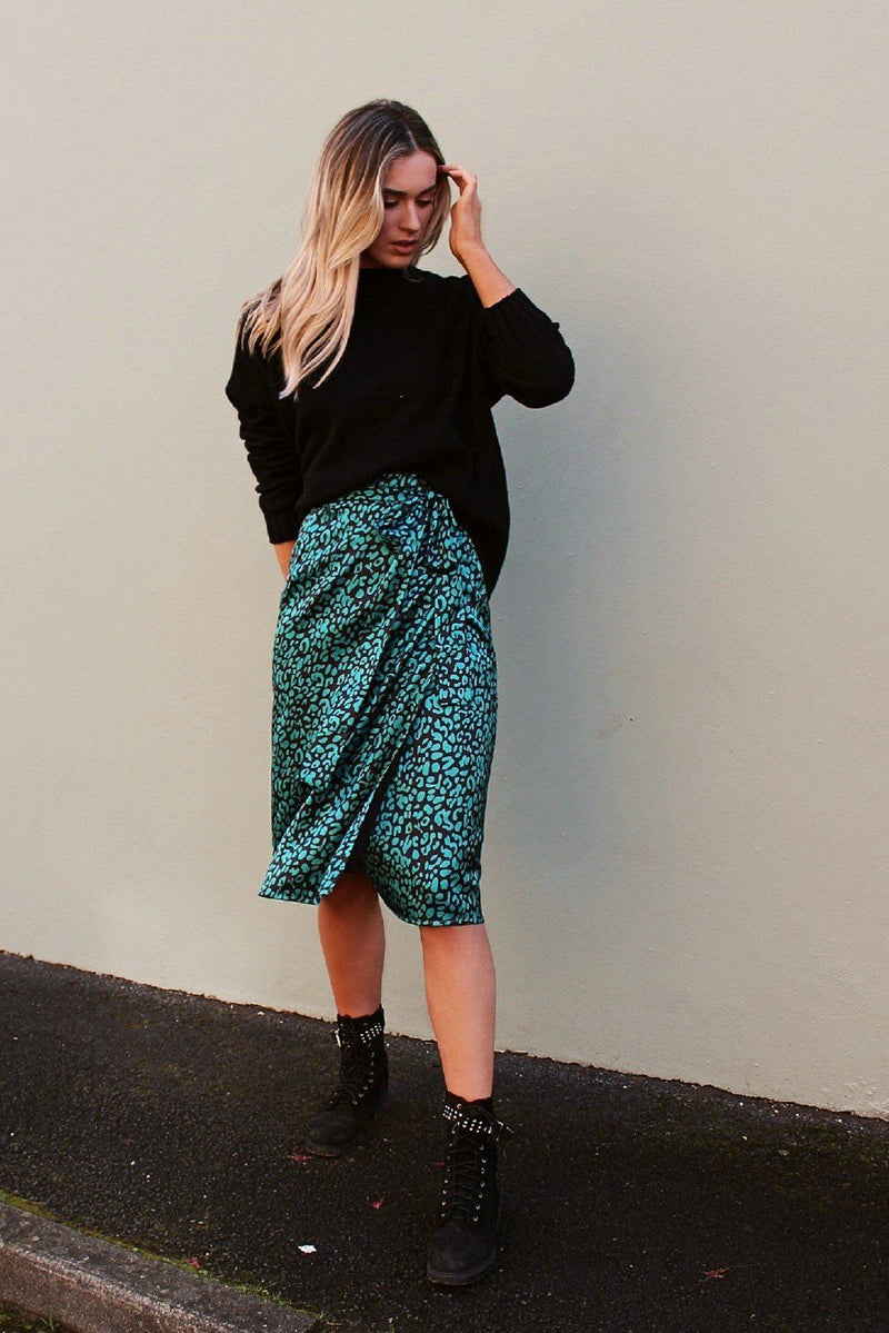 green leopard wrap skirt