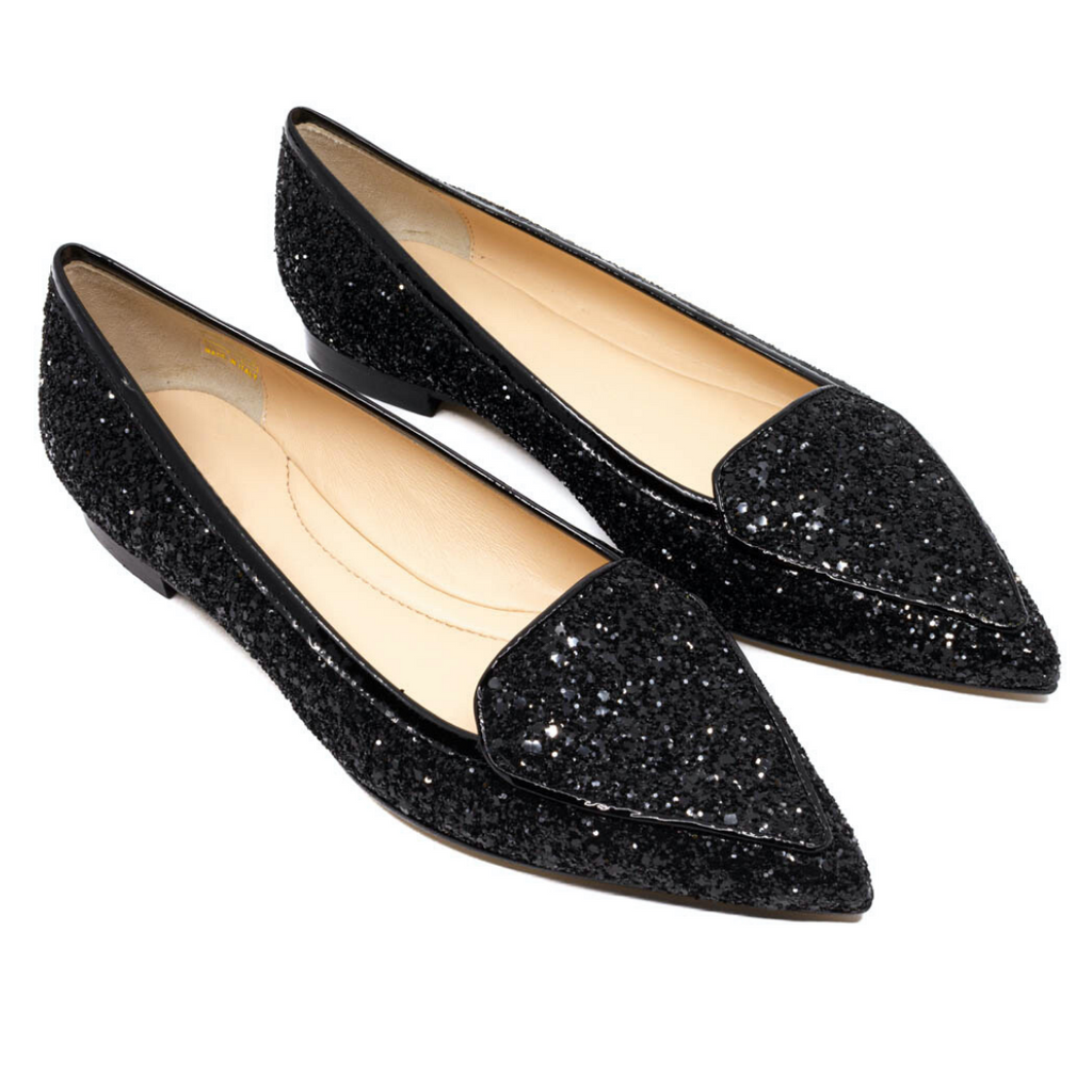 Pointed Toe Glitter Flats (Black 