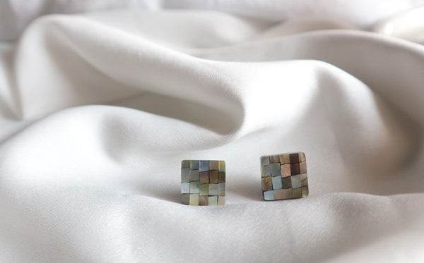 [92.5 Silver] Mosaic Square Stud Earrings-holiholic.com