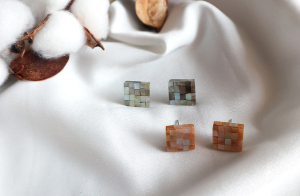 [92.5 Silver] Mosaic Square Stud Earrings-holiholic.com