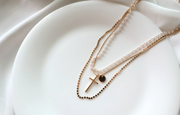Cross & Pearl Layered Necklace-holiholic.com