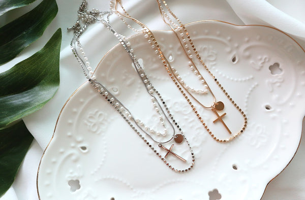 Cross & Pearl Layered Necklace-holiholic.com