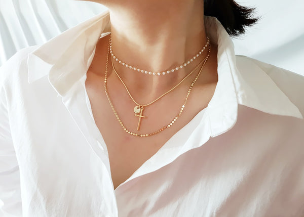 Cross & Pearl Layered Necklace-holiholic.com