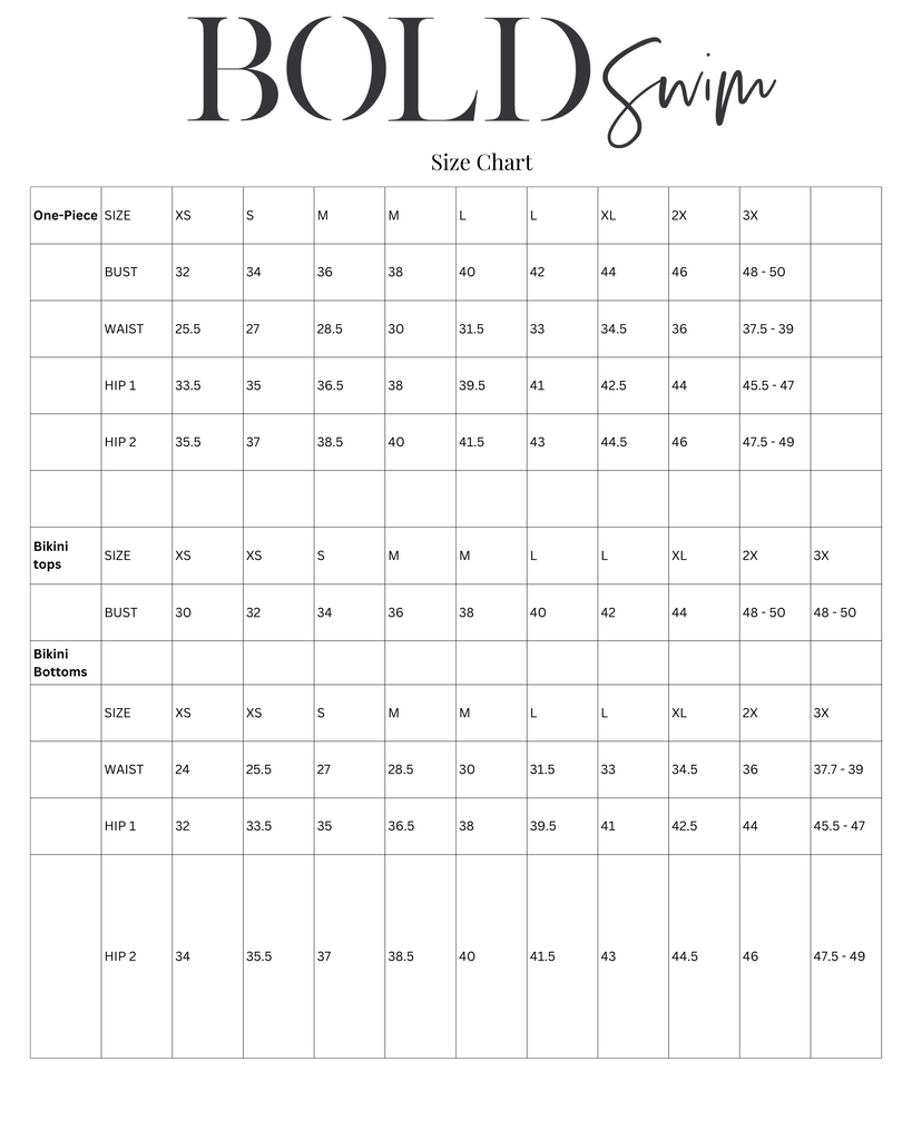 BOLD Swim Size chart from extra small to three extra large