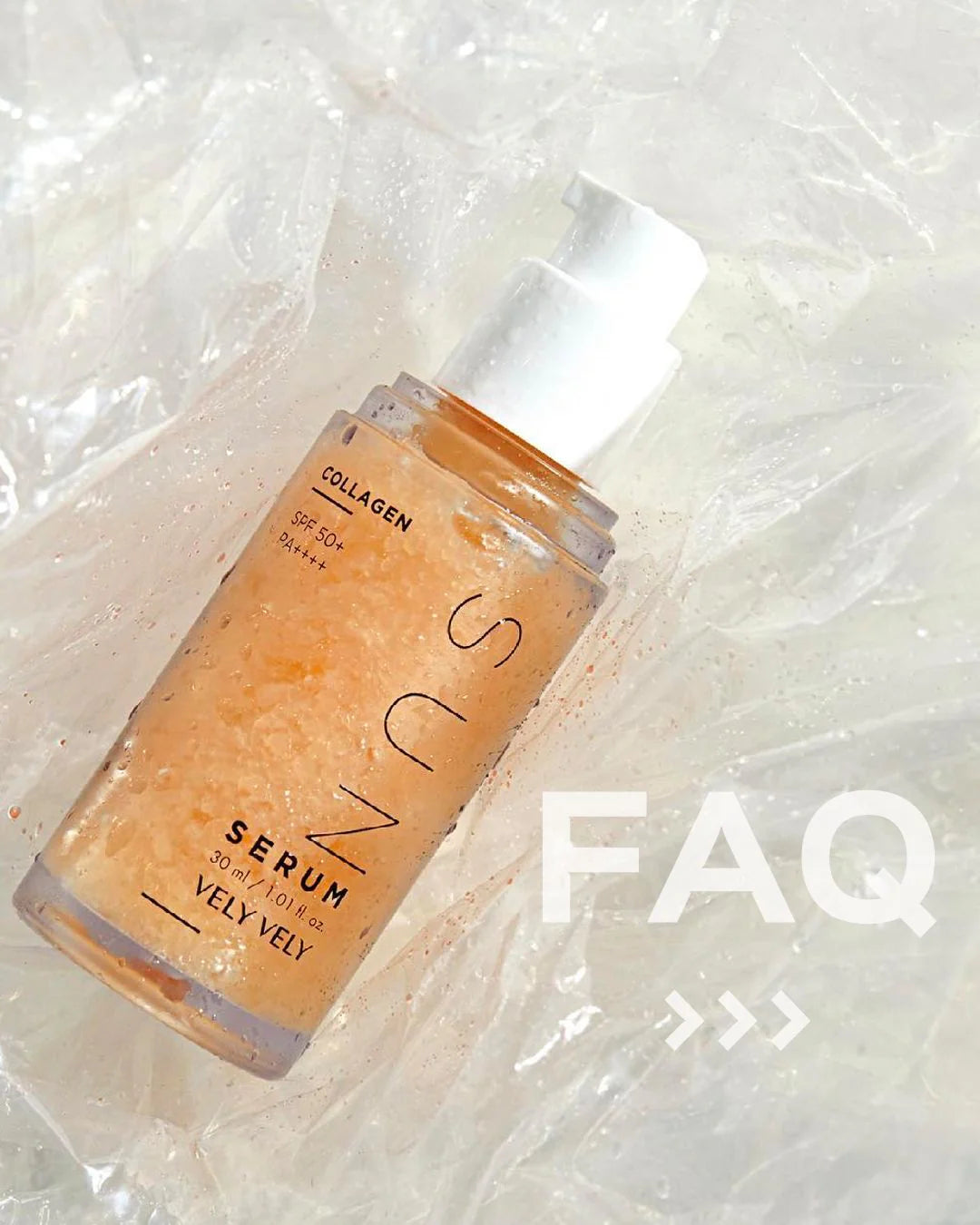 Serum bottle with 'Vely Vely' branding on a textured background