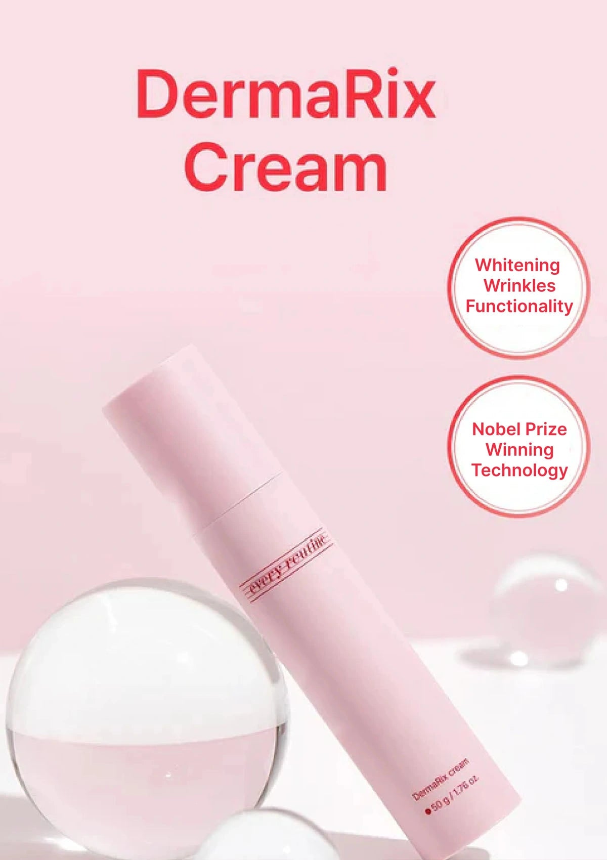 Pink DermaRix cream bottle on a pink background with text about whitening wrinkles and Nobel Prize-winning technology.