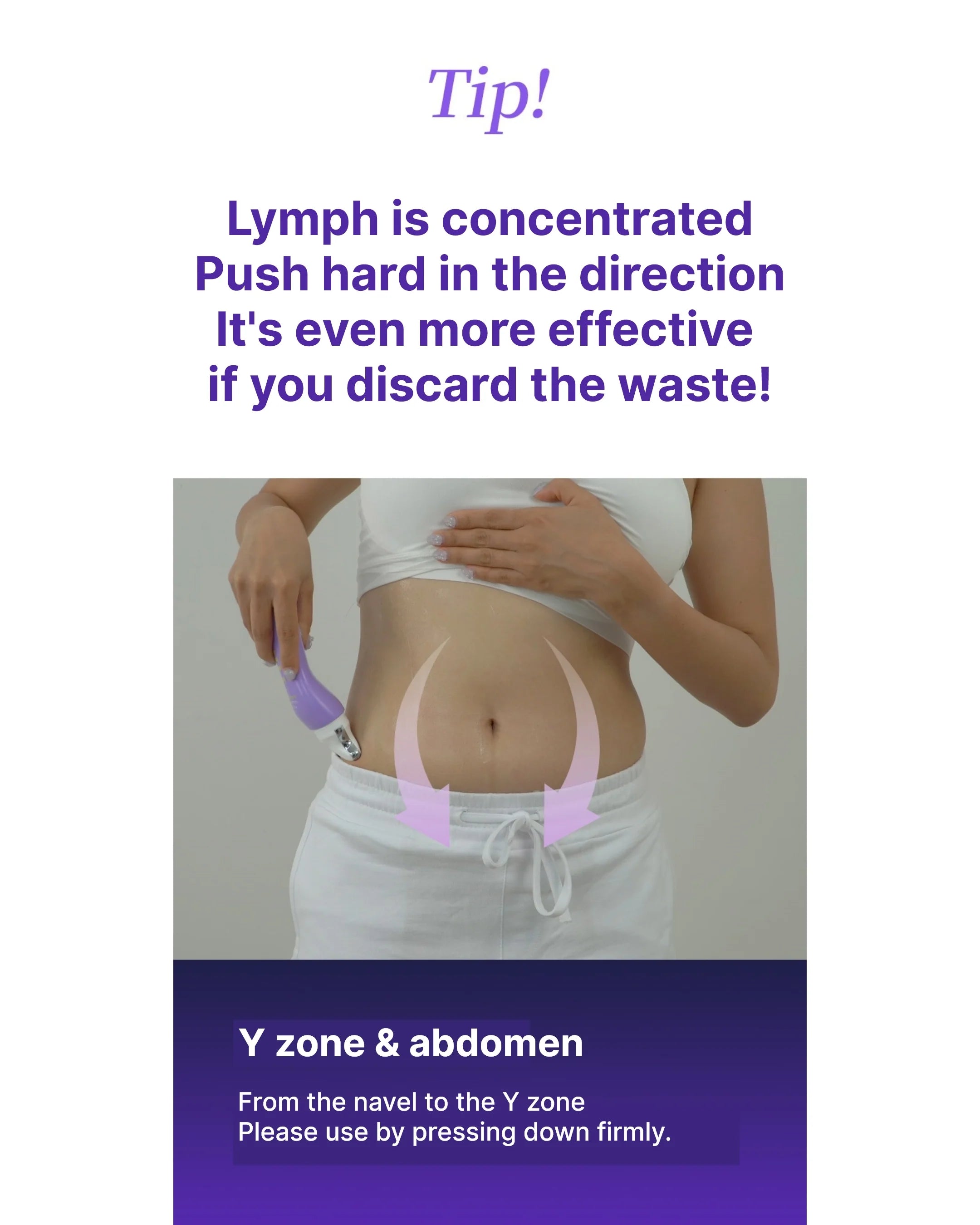 Person with a purple tool on their abdomen, accompanied by text about lymphatic drainage.