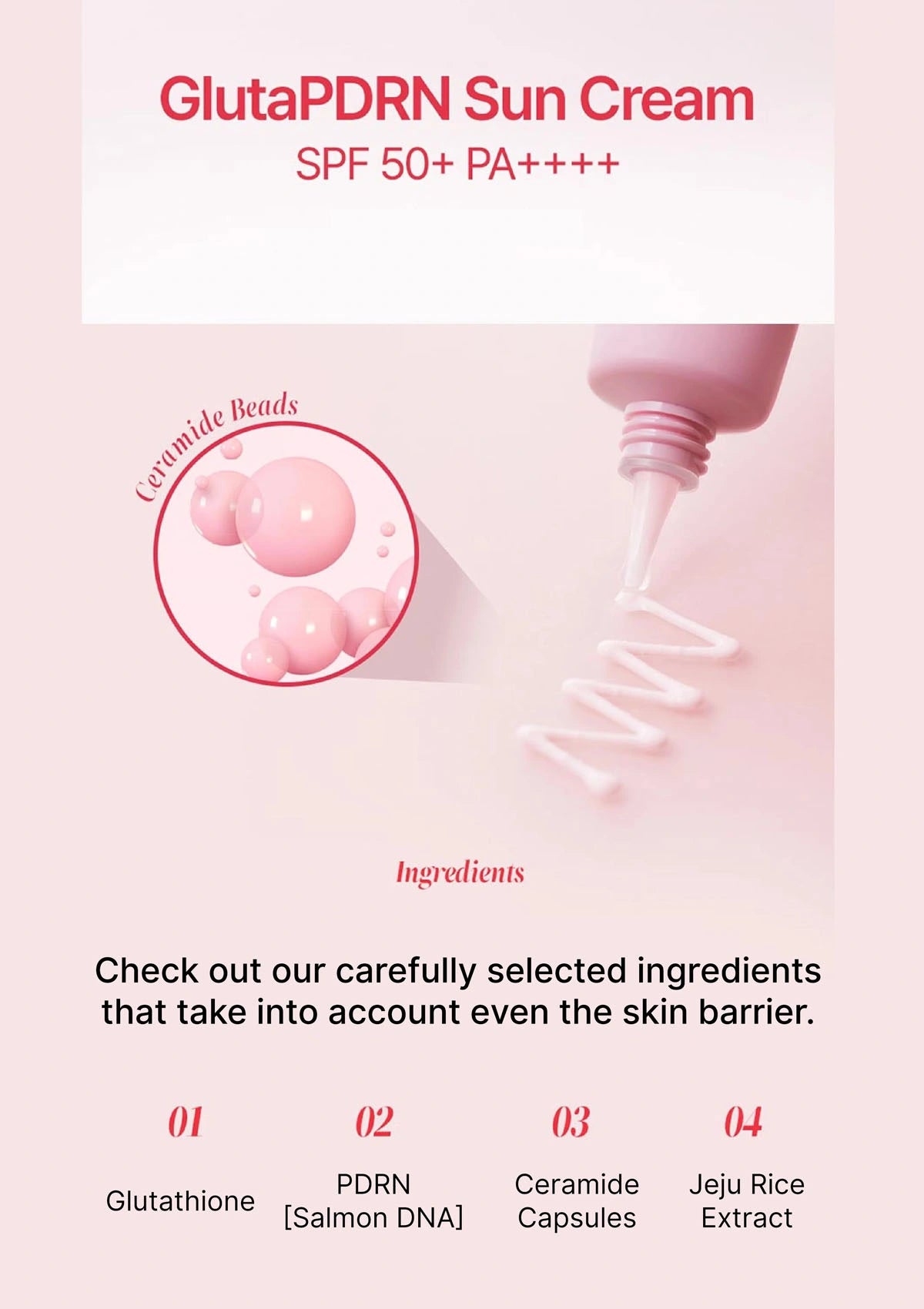 Advertisement for GlutaPDRN Sun Cream with SPF 50+ PA++++ on a pink background.