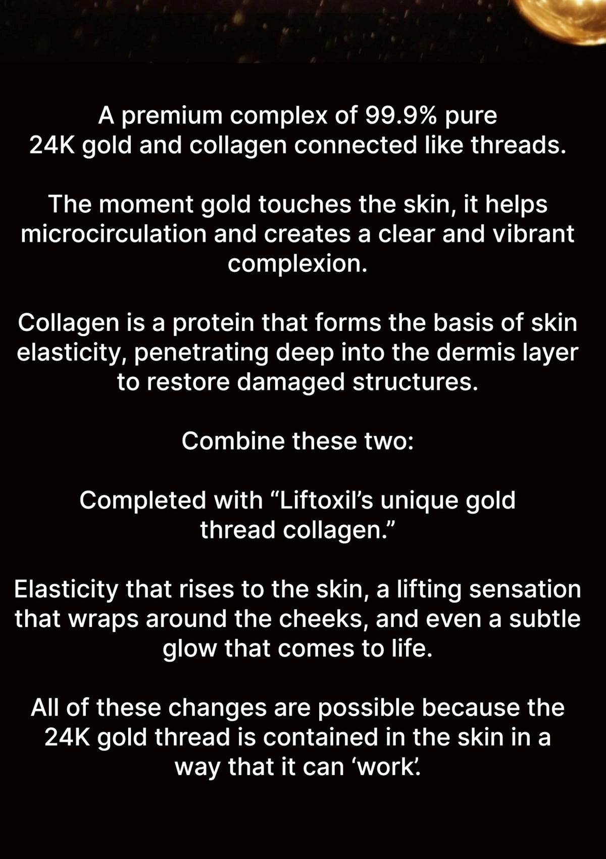 Text description of a premium gold and collagen complex on a black background