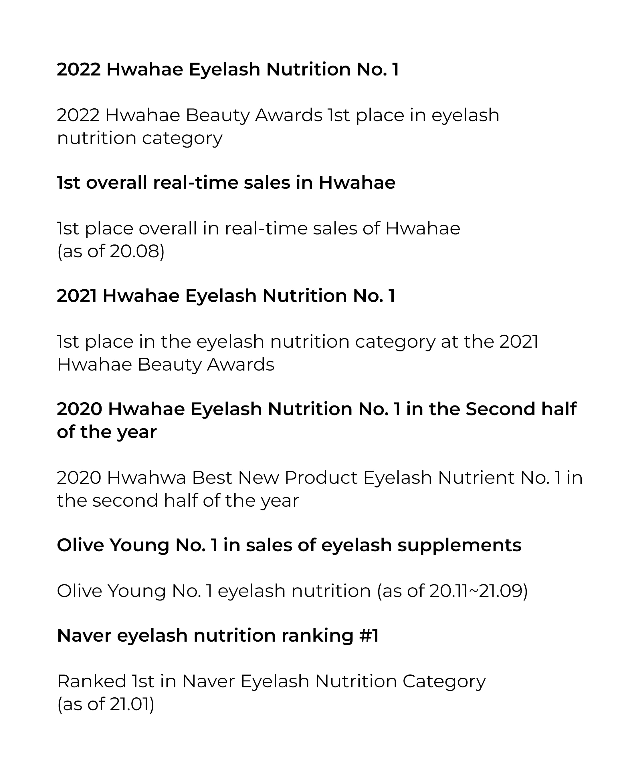 List of achievements and rankings related to Hwahae Eyelash Nutrition on a white background