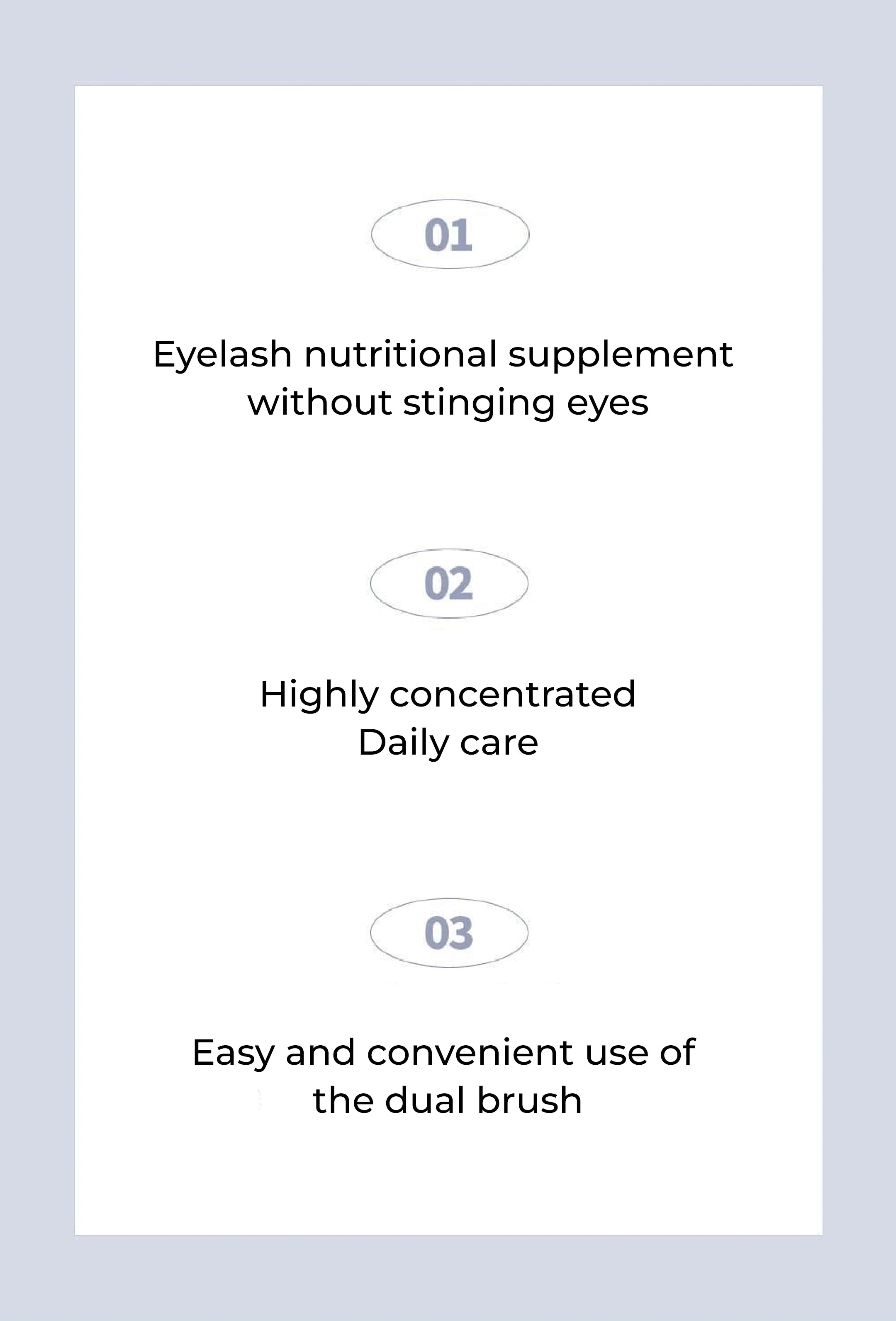 Text describing features of an eyelash nutritional supplement on a light gray background