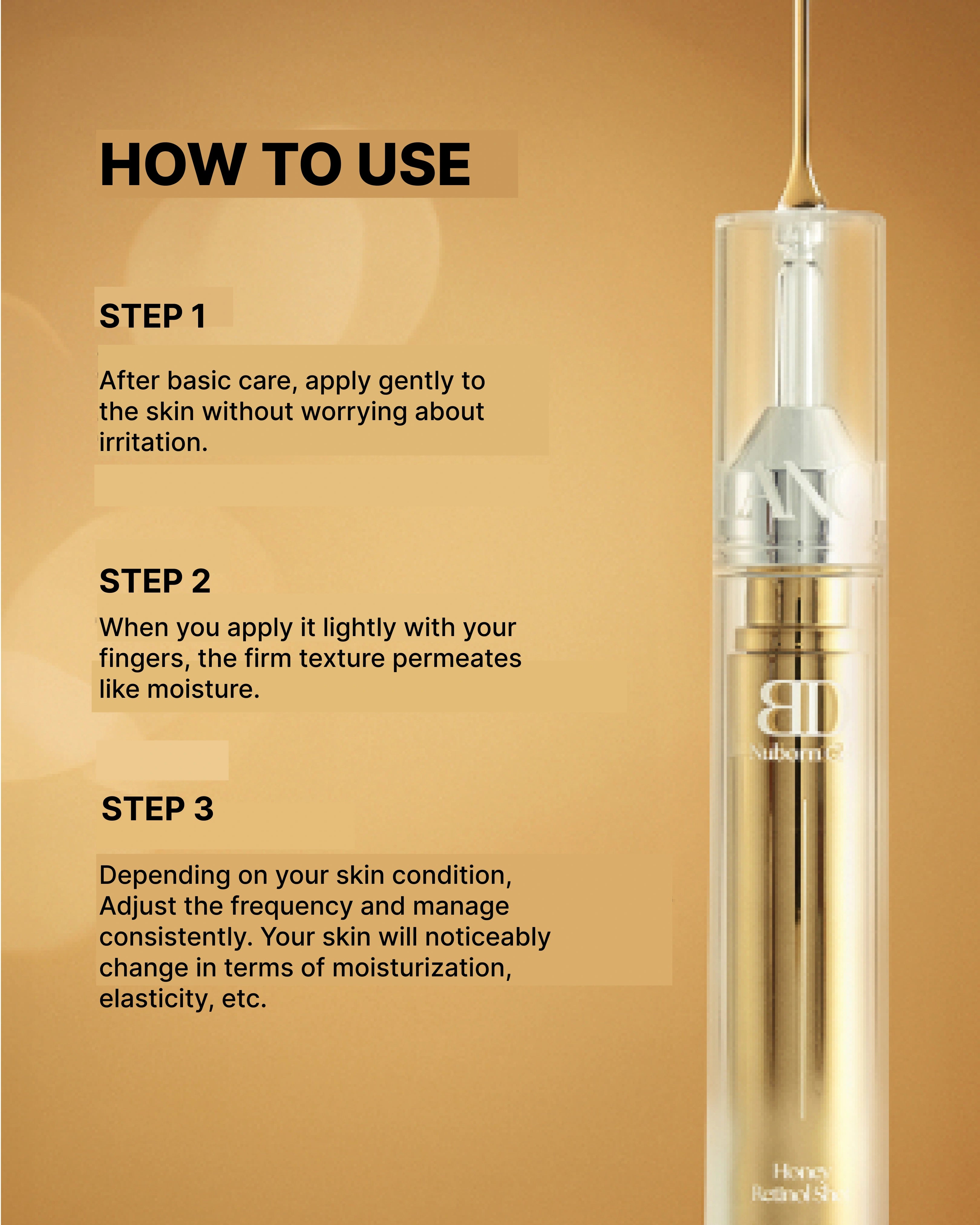 Cosmetic serum bottle with usage instructions on a beige background