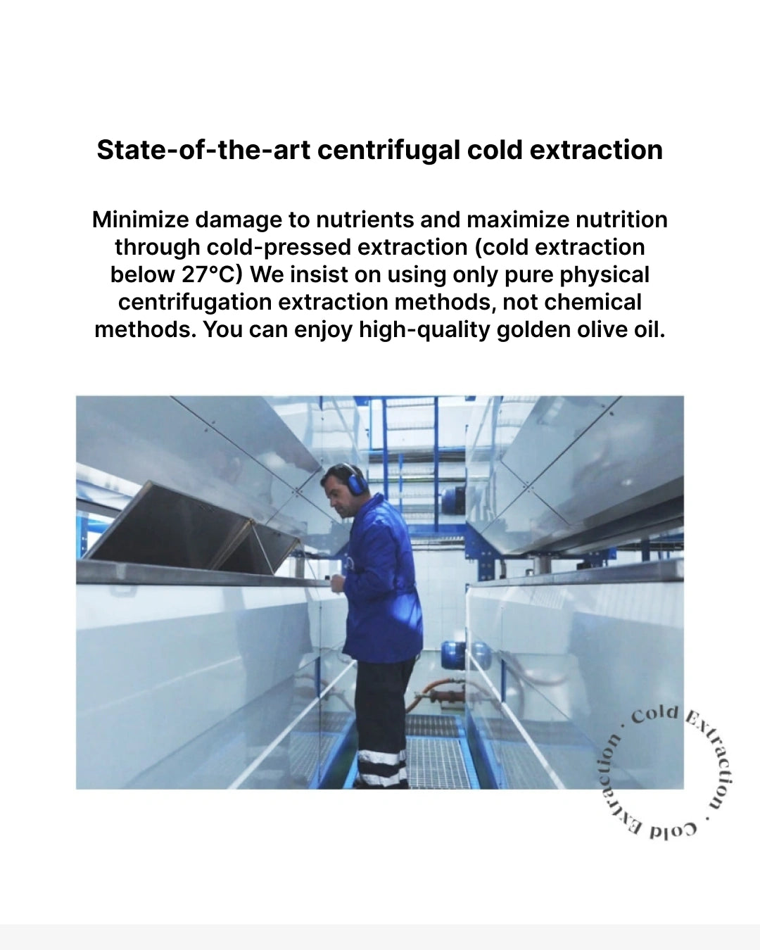 Person in a blue jacket working in a modern facility with text about centrifugal cold extraction.