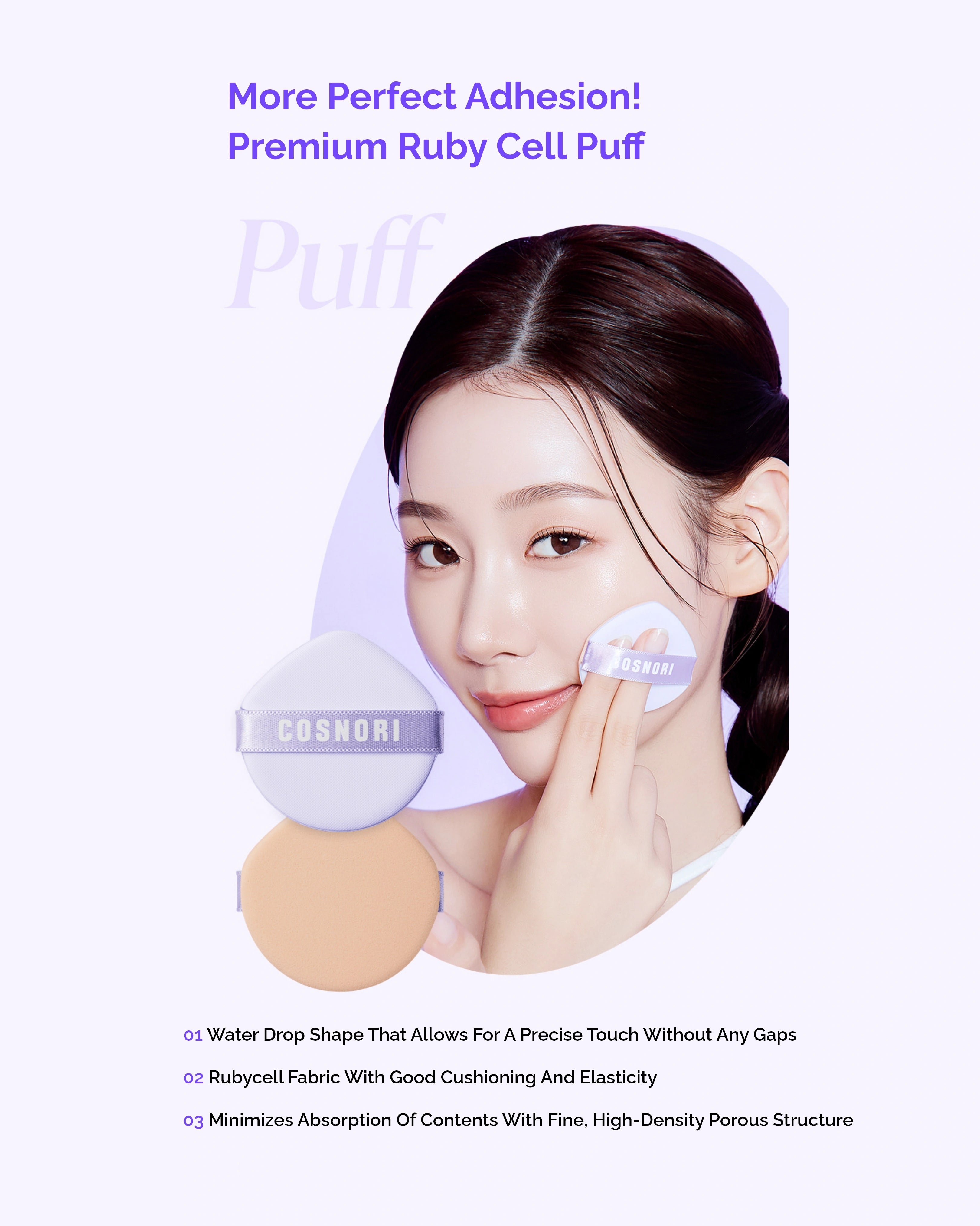 Cosnori Ruby Cell Puff with a model applying it on the face, on a white background.