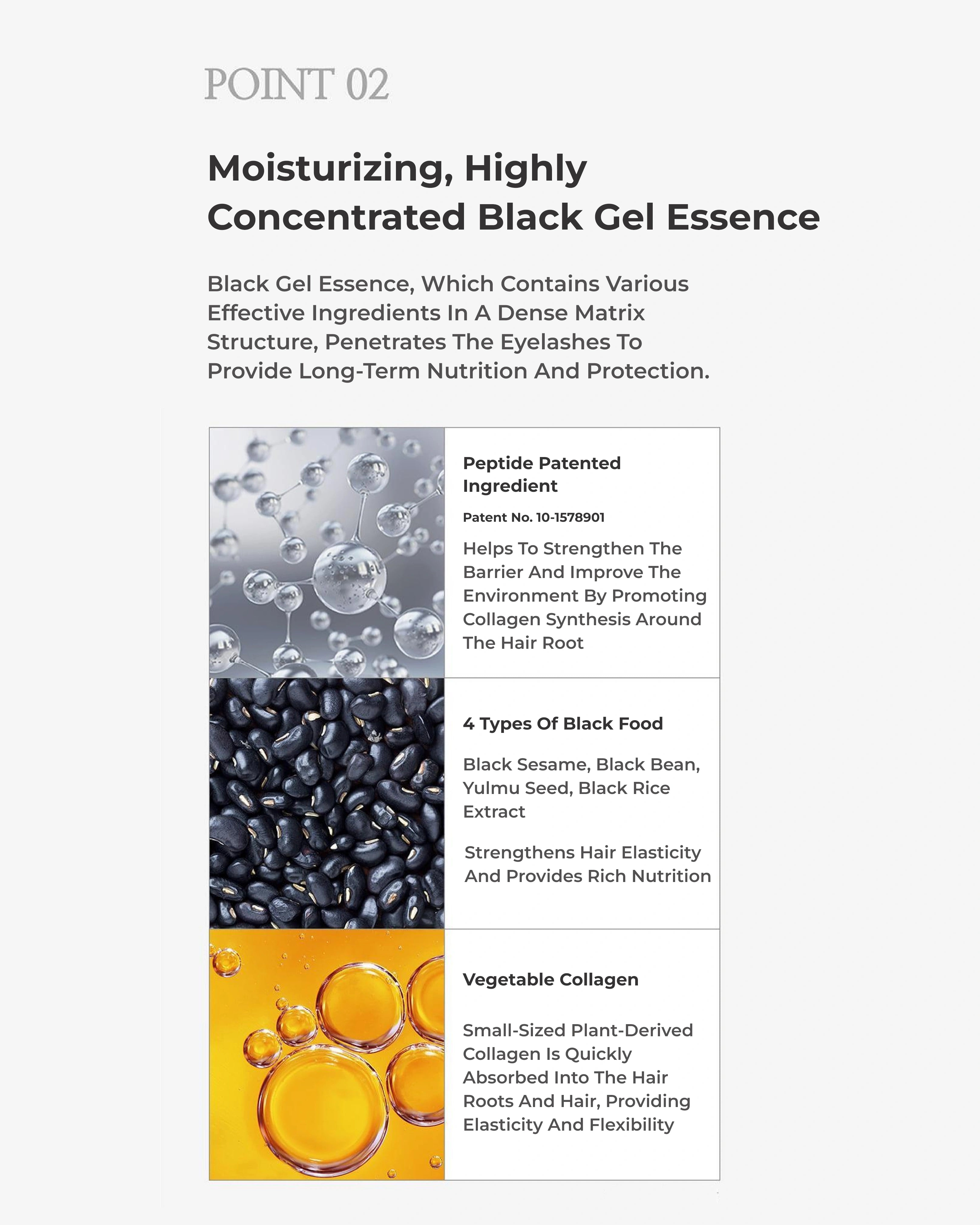 Advertisement for moisturizing black gel essence with text and images of ingredients.