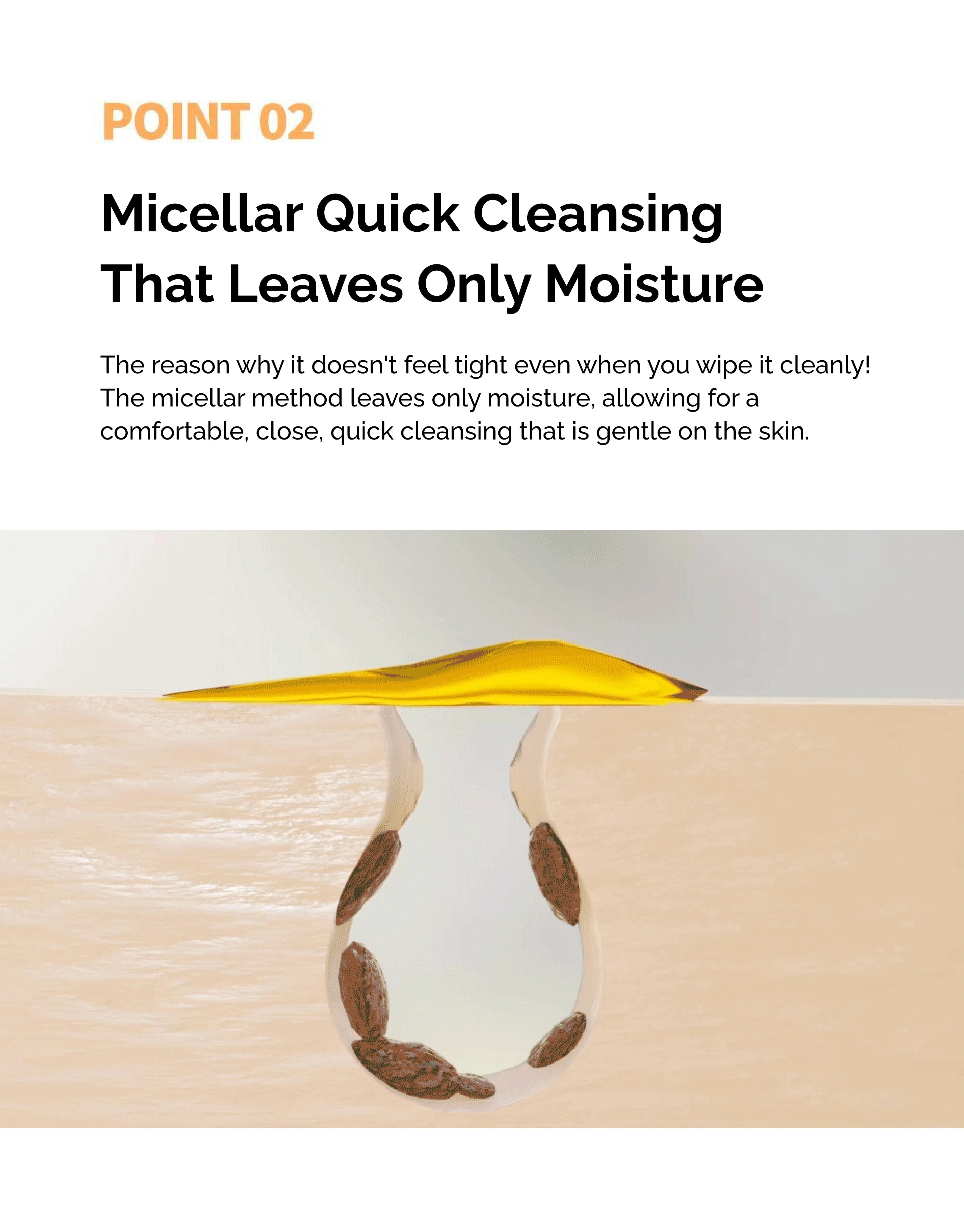 Text about micellar quick cleansing with a close-up of skin and cleansing agent.