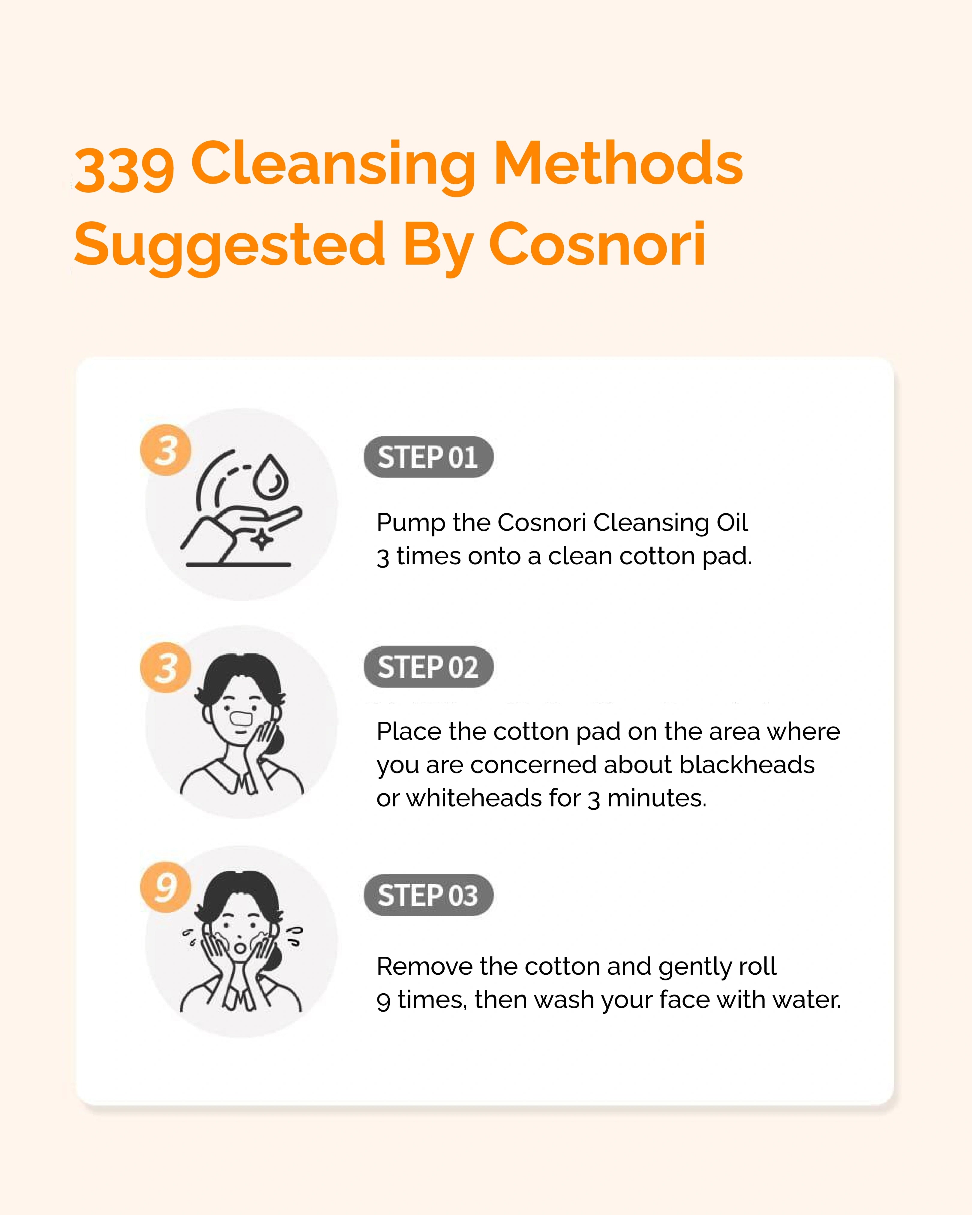 Cosnori cleansing method instructions with steps and illustrations on a light background