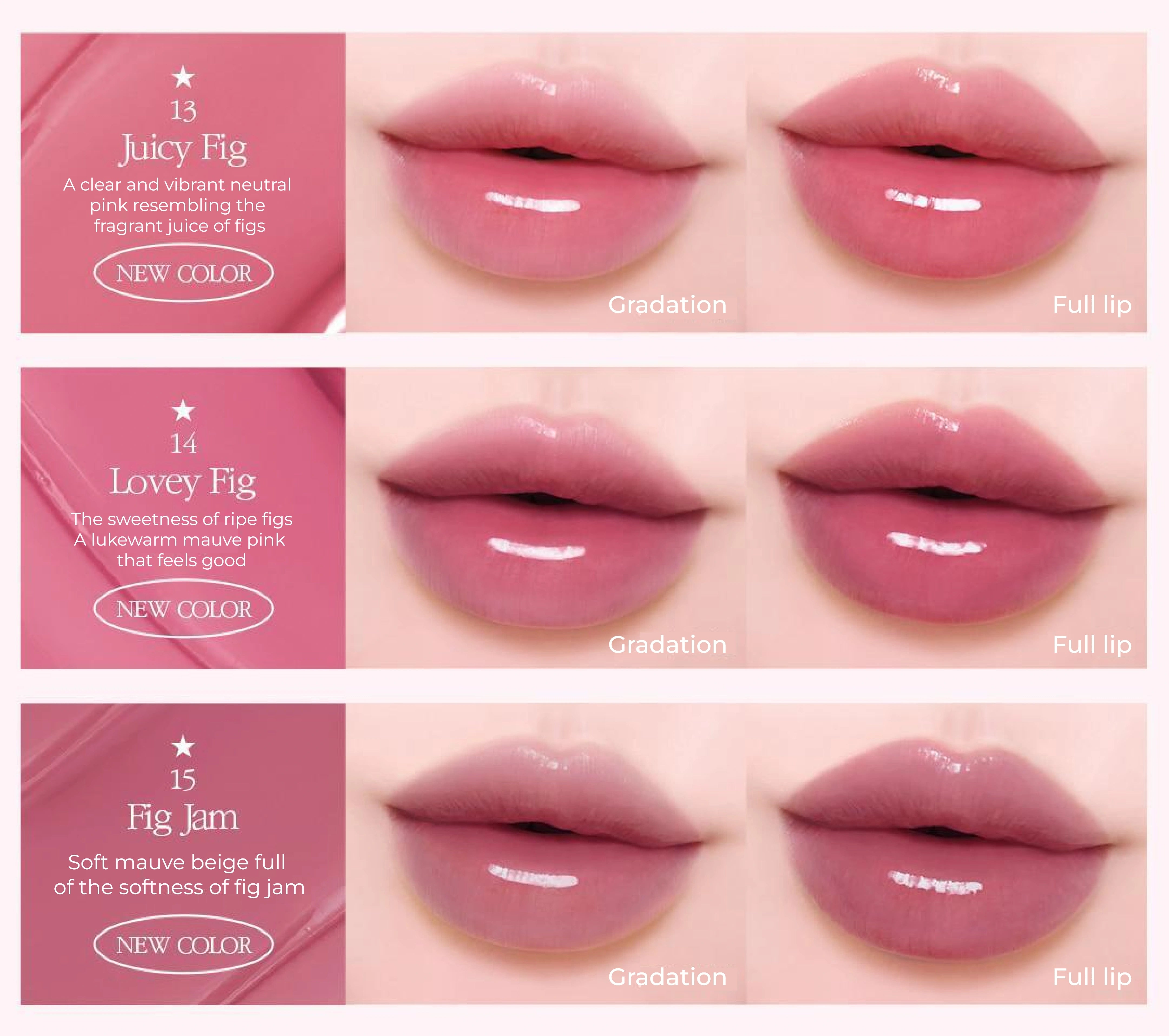 Lipstick shades 'Juicy Fig', 'Lovey Fig', and 'Fig Jam' with close-up views on lips.