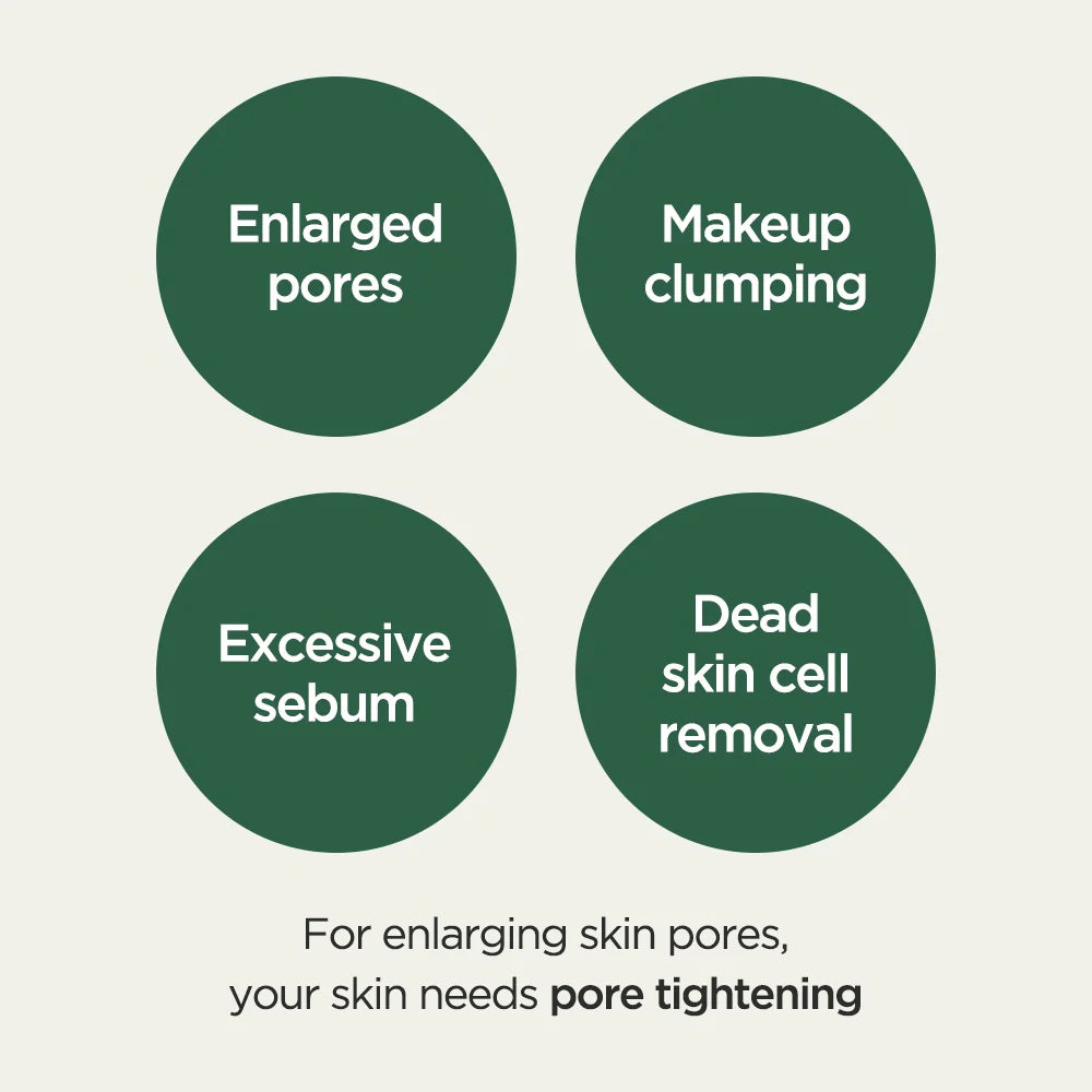 Diagram showing skin concerns like enlarged pores, makeup clumping, excessive sebum, and dead skin cell removal with a focus on pore tightening.