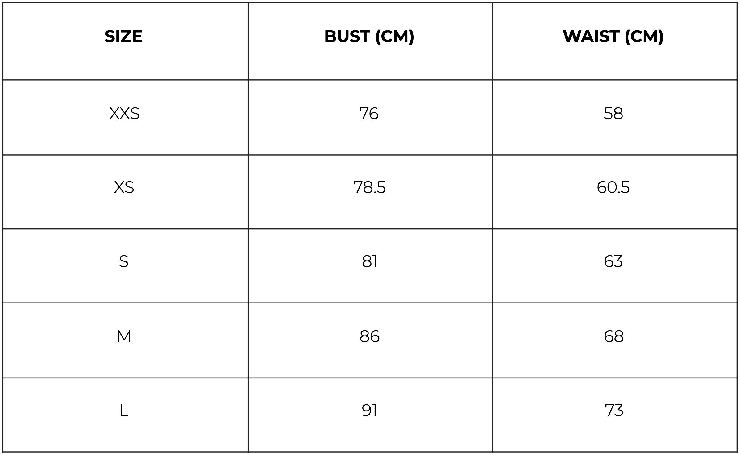 SNDYS Size Chart