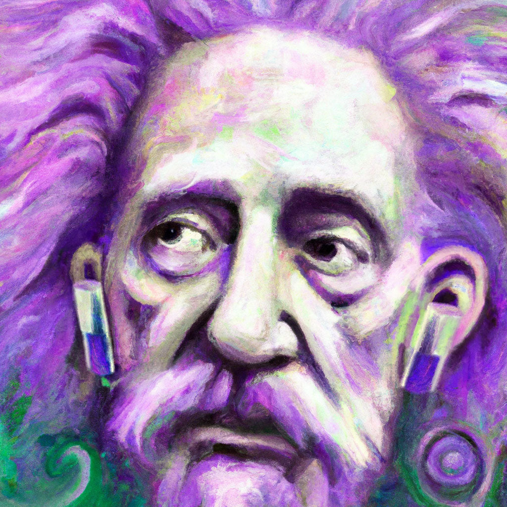 Illustration of Einstein wearing Status Between 3ANC earbuds