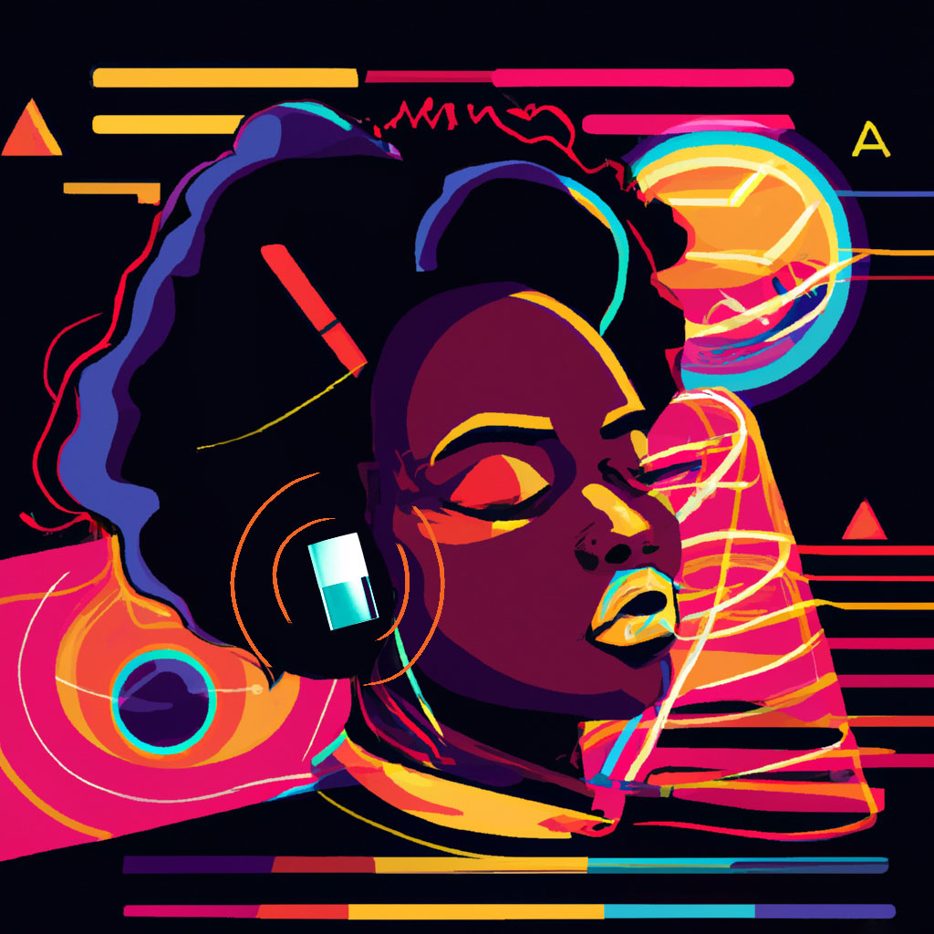 Illustration of woman listening with Status earbuds