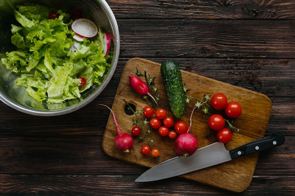 Knife with variety of vegetables