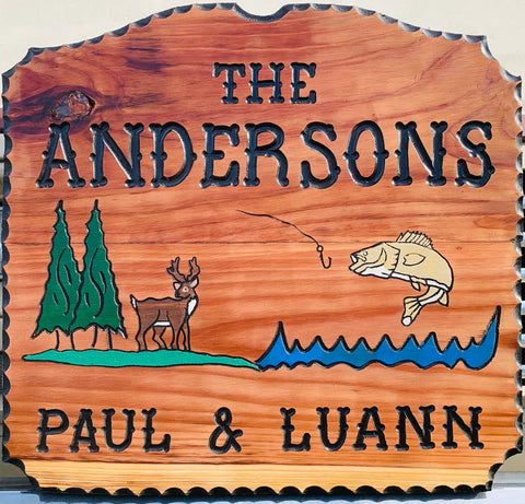 Custom Redwood Sign With Buck And Walleye Fish