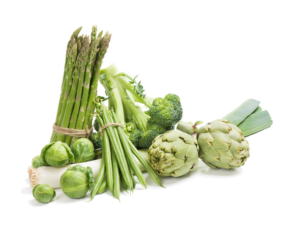 Green vegetables including leeks, asparagus and artichokes