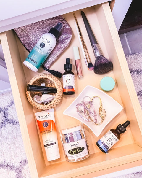 Various TruSkin skincare products in drawer