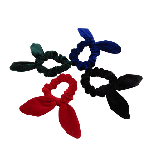 back to school velvet bow knot scrunchies for girls in red, green, blue or black