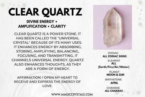 Clear Quartz Meaning: Healing Properties & Uses. Shop Clear Quartz Jewelry, clear quartz unique pieces. Learn about clear quartz benefits, rough clear quartz meaning, moroccan clear quartz meaning, where to place clear quartz on body, white quartz crystal meaning clear crystal at Magic Crystals