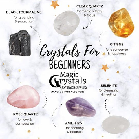 Beginner Crystal Set - • 6 Crystals: Amethyst,  Citrine,  Black Tourmaline,  Clear Quartz,  Selenite,  Rose Quartz • 5 Tumbled Stone Set | Weight : 12-18 grams