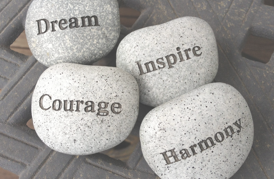 Balance Stones, Courage, Harmony, Dream, Inspire. Stones with wording.