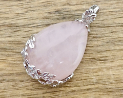 Rose Quartz Stone Handmade Tear Drop Flower Necklace - Magic Crystals