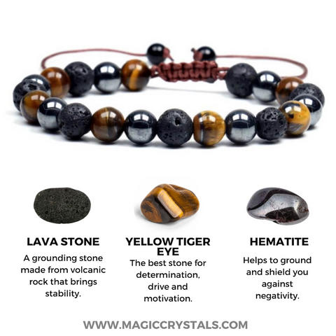 Pulsera de Protección - Cuentas Ajustables de Ojo de Tigre Natural, Piedra de Lava y Hematites